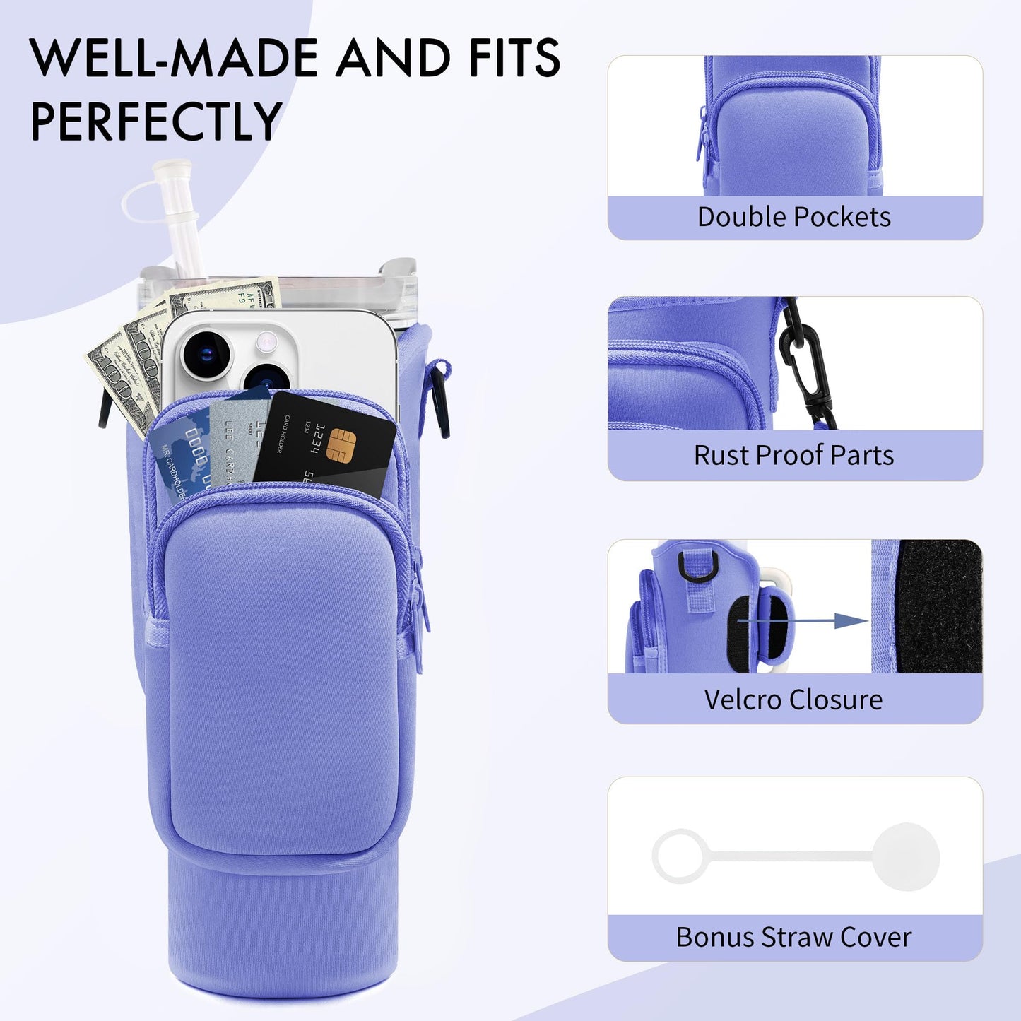 JEBEALUO Water Bottle Carrier Bag with Phone Pocket for Stanley Cup 40/30 oz, Water Bottle Holder with Adjustable Strap& Straw Cover, Stanley Cup Accessories (Violet)