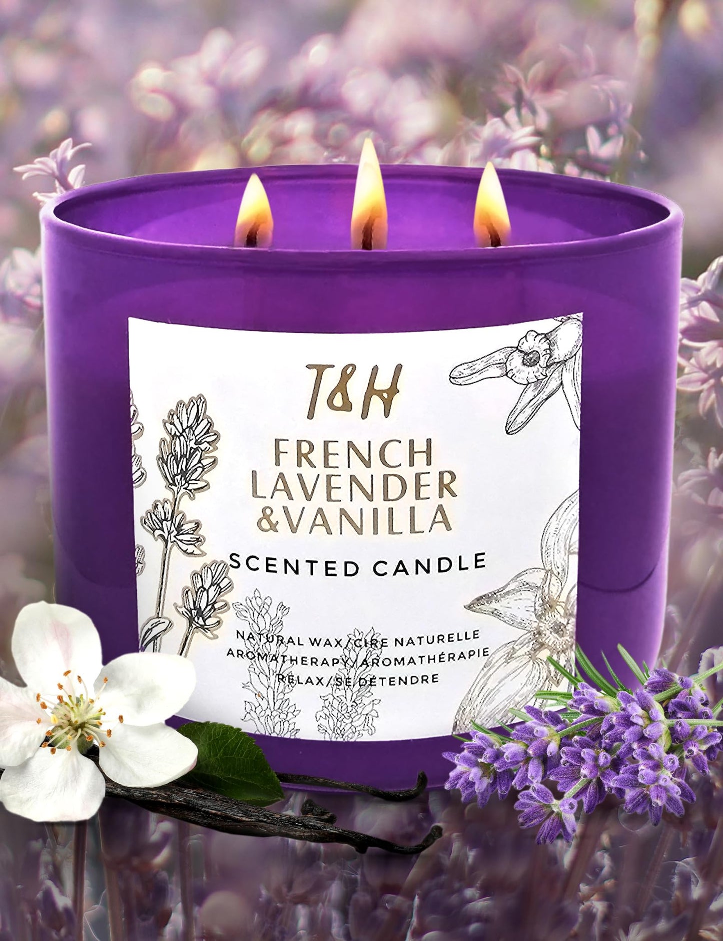 Lavender Vanilla Aromatherapy Candle 3 Wick | Scented Candles for Home | 15.8 oz Large Soy Candle | Relaxing Candles with Long Lasting Fragrance | Decorative Candle Gift for Women