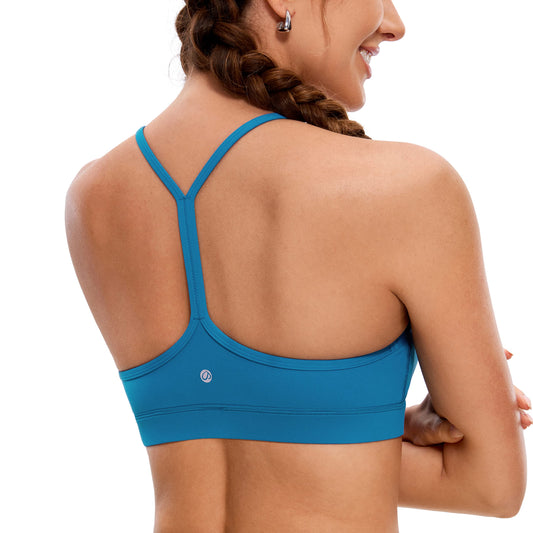 CRZ YOGA Butterluxe Womens Y Back Sports Bra - Padded Racerback Low impact Spaghetti Thin Strap Workout Yoga Bra Super-sonic Blue X-Small