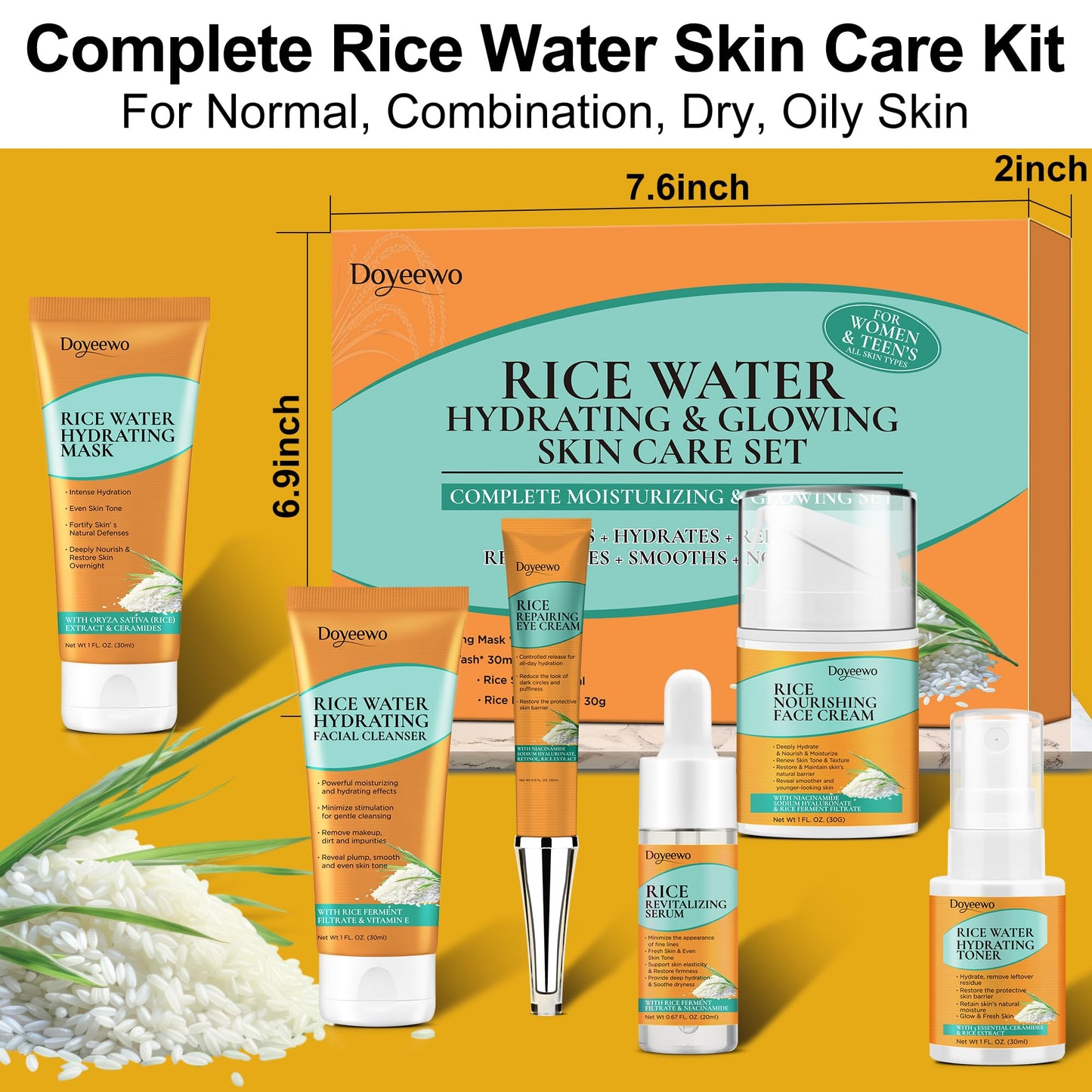 Skin Care Set,Women Teen Glass Skincare Rice Water Hydrate Glow Repair Anti-Aging Facial Routine Kit Gift Set for Womens Mom Wife Teenager Girl Birthday Trendy Stuff Christmas Gifts Stocking Stuffers