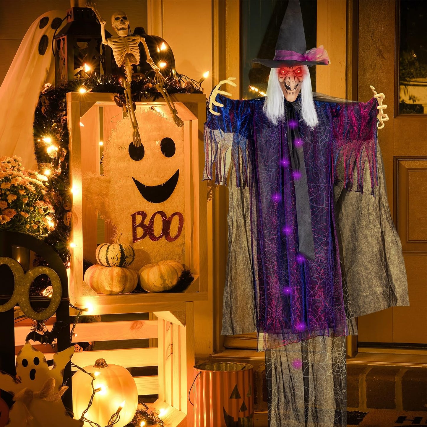 yosager 6FT Halloween Standing Witch with Scary Sound Effect & Red Eyes, Life Size Animated Scream Witch with Base, Halloween Haunted House Scary Props, Theme Park Horror Layout Party Decoration