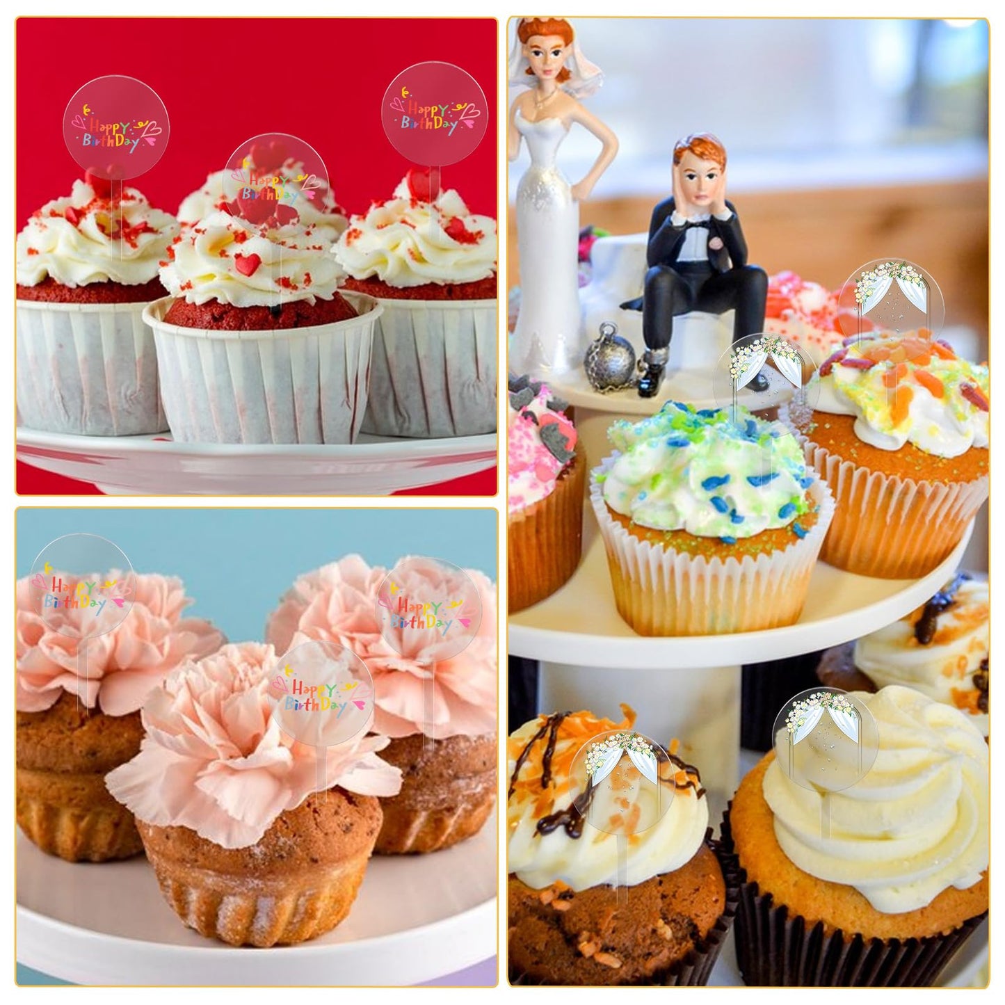 100 Pieces 2 Inch Round Clear Acrylic Cupcake Toppers, Blank Cupcake Toppers Sticks for DIY, Birthday Festival Party Baby Shower Wedding Party Cupcake Decoration