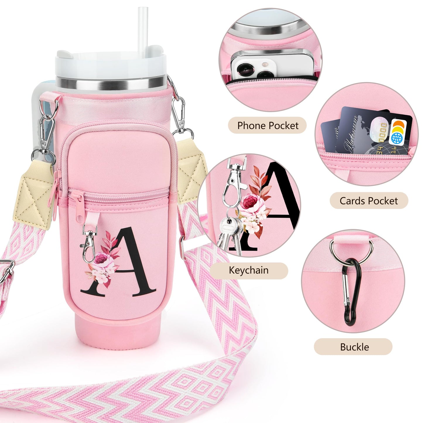 LOKASS Initial Water Bottle Holder with Upgrade Canvas Strap for Stanley 30 oz Tumbler, Gift for Mom Mother's Day Day gifts with Phone Pocket, Personalized Accessories for Stanley Cup, Pink - S