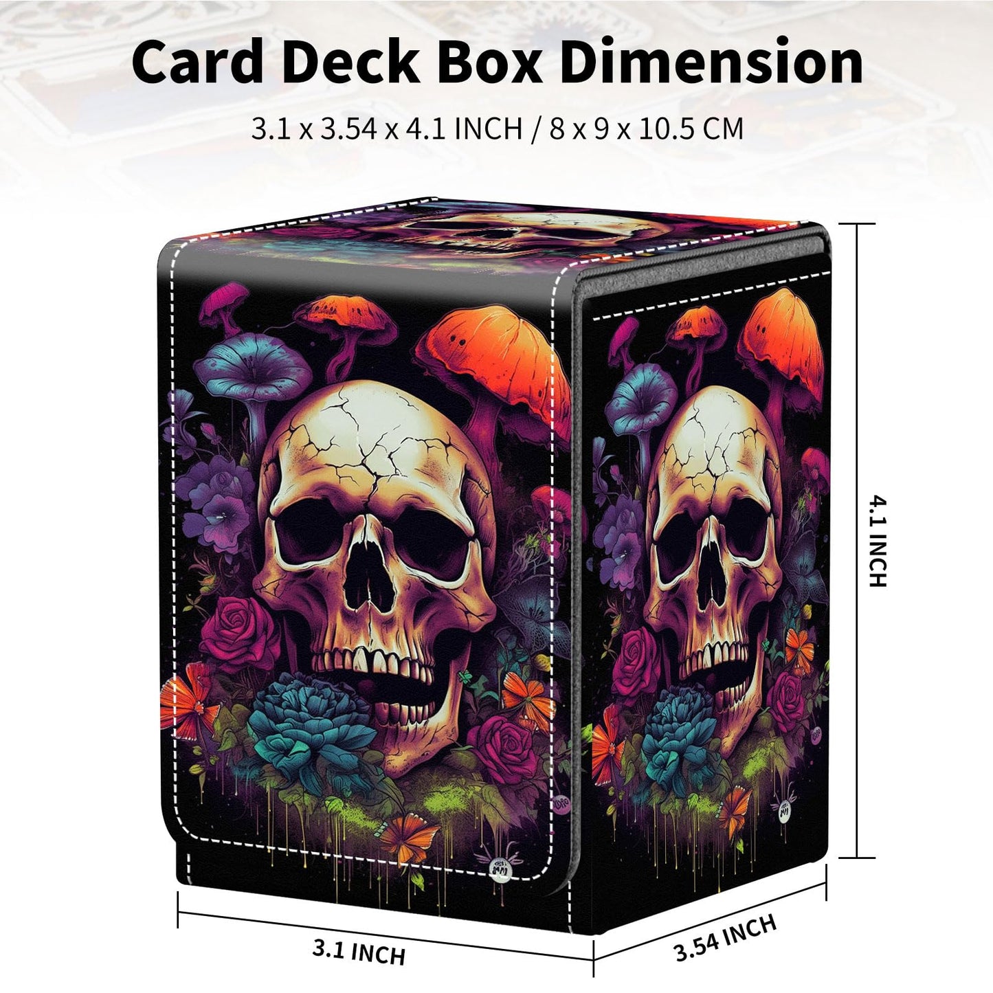 Qindaiwen Card Deck Box for Trading Cards, MTG Deck Box Fits 100+ Single Sleeved Cards, PU Leather Strong Magnet Card Deck Case Holder for Magic Commander TCG CCG, Flower Skull