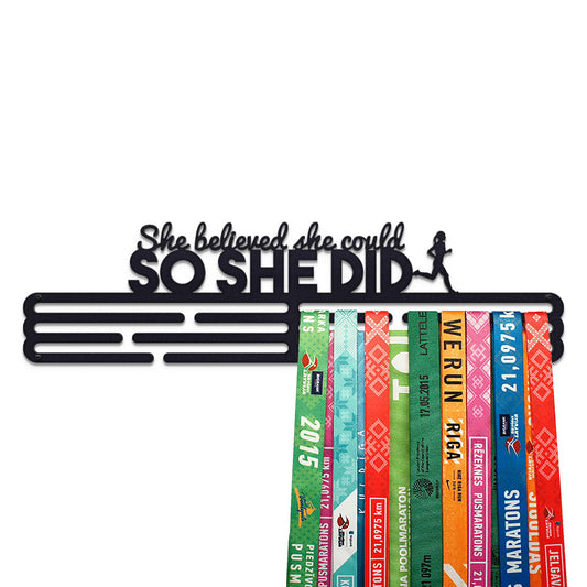 Sports Medal Hanger Display Race She Believed She Could So She Did | Black Race Medal Holder Awards Wall Mount | Running Marathon Race Medal Display for Wall | Steel medal holder for wall