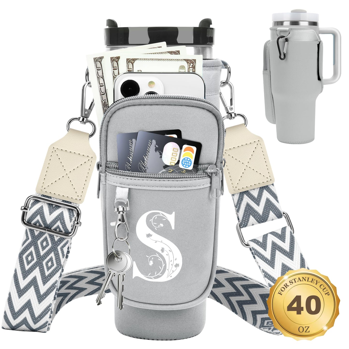 LOKASS for Stanley Cup Accessories 40 oz Water Bottle Carrier Bag with Phone Pocket for Stanley Tumbler Holder with Strap, Personalized Gifts with Floral Initial A-Z for Women/Girls/Stanley Cup Fans