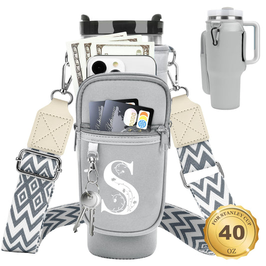 LOKASS for Stanley Cup Accessories 40 oz Water Bottle Carrier Bag with Phone Pocket for Stanley Tumbler Holder with Strap, Personalized Gifts with Floral Initial A-Z for Women/Girls/Stanley Cup Fans