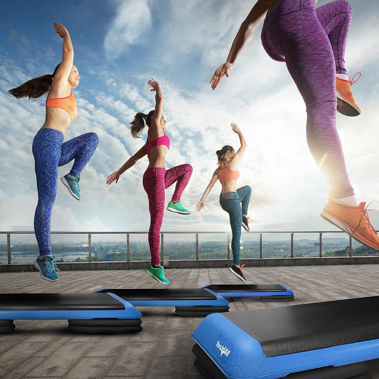 Yes4All Adjustable Workout Aerobic Exercise Step Platform Health Club Size with 4 Adjustable Risers Included and Extra Risers Options - Blue Black