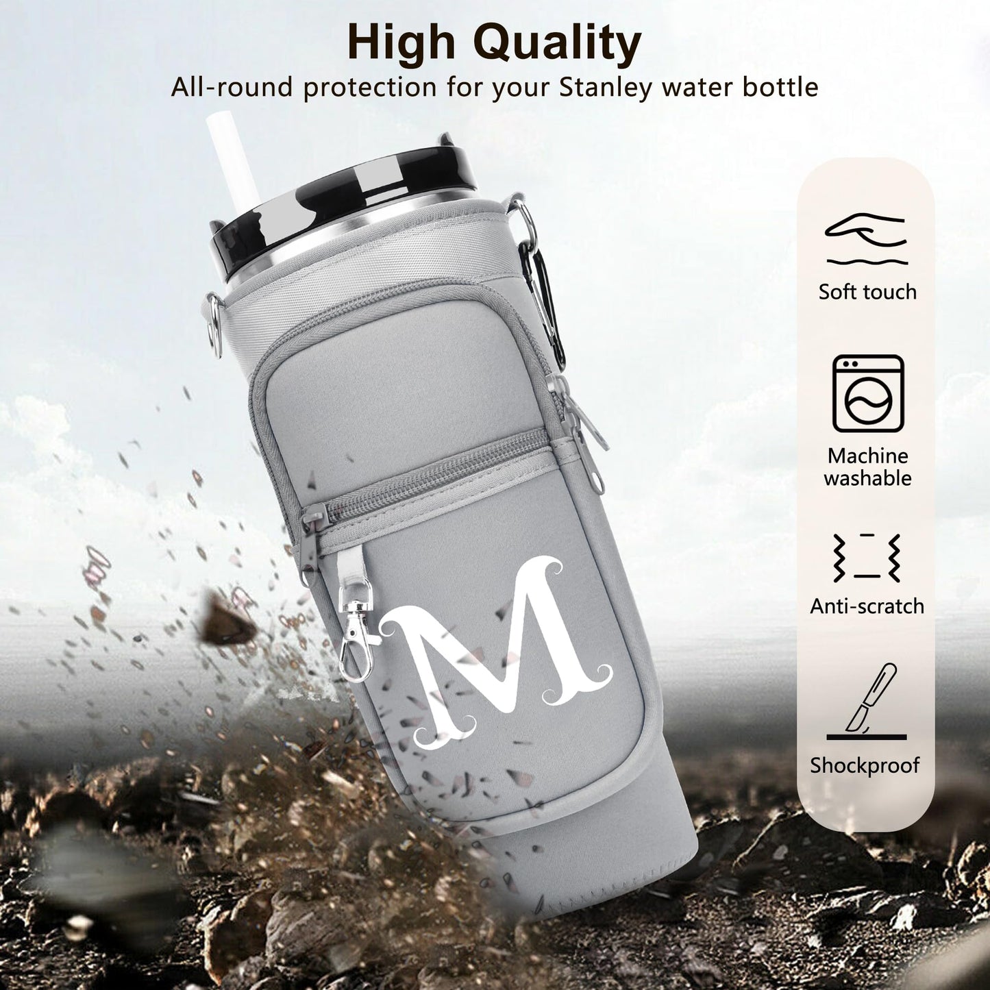 LOKASS Initial Water Bottle Holder with Upgrade Canvas Strap for Stanley 30 oz Tumbler, Gift for Mom Mother's Day Day gifts with Phone Pocket, Personalized Accessories for Stanley Cup, Grey - S