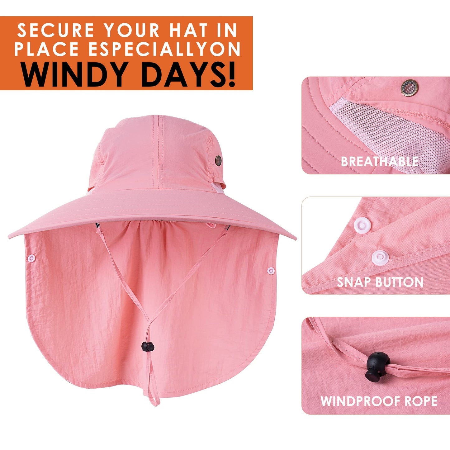 HEEHIPOO Mens Women Fishing Hat UPF 50+ Wide Brim Sun Hat with Face Cover & Neck Flap Pink
