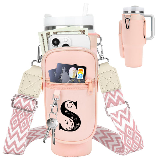 LOKASS for Stanley Cup Accessories 40 oz Water Bottle Carrier Bag with Phone Pocket for Stanley Tumbler Holder with Strap, Personalized Gifts with Floral Initial A-Z for Women/Girls/Stanley Cup Fans