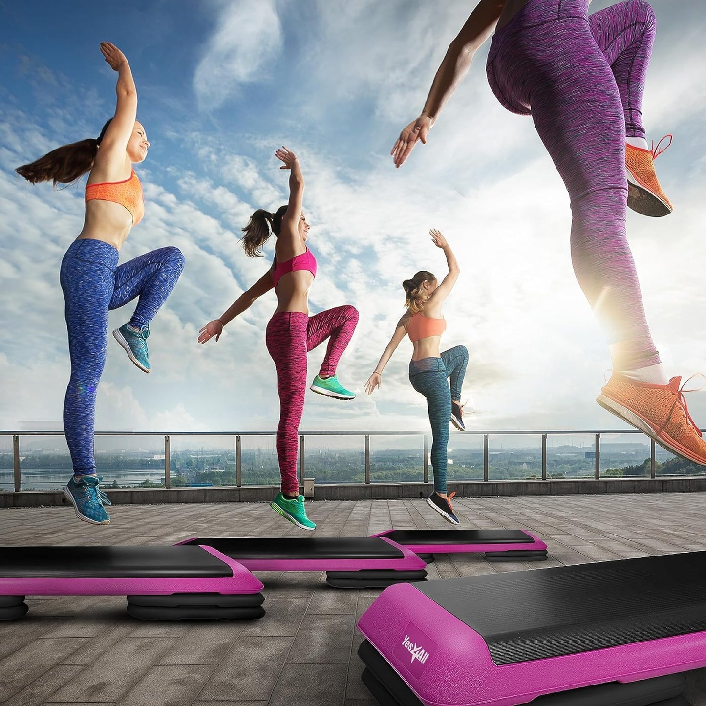 Yes4All Adjustable Workout Aerobic Exercise Step Platform Health Club Size with 4 Adjustable Risers Included and Extra Risers Options - Pink Black