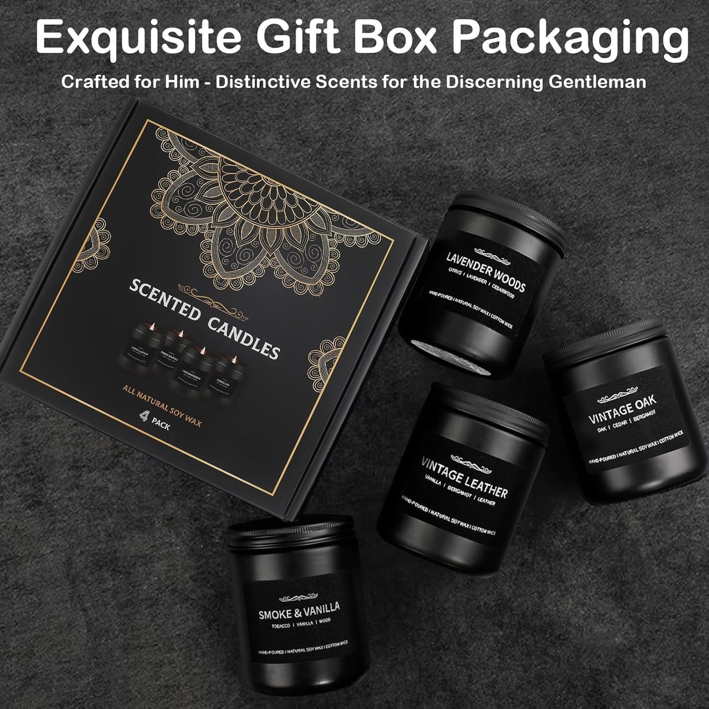 Scented Candle Set, Men Candle Set, Scented Candles for Home, Gifts for Men, 4 Pack Manly Candles Gifts for Mens Scents of Smoke Vanilla/Leather/Oak/Lavender Wood