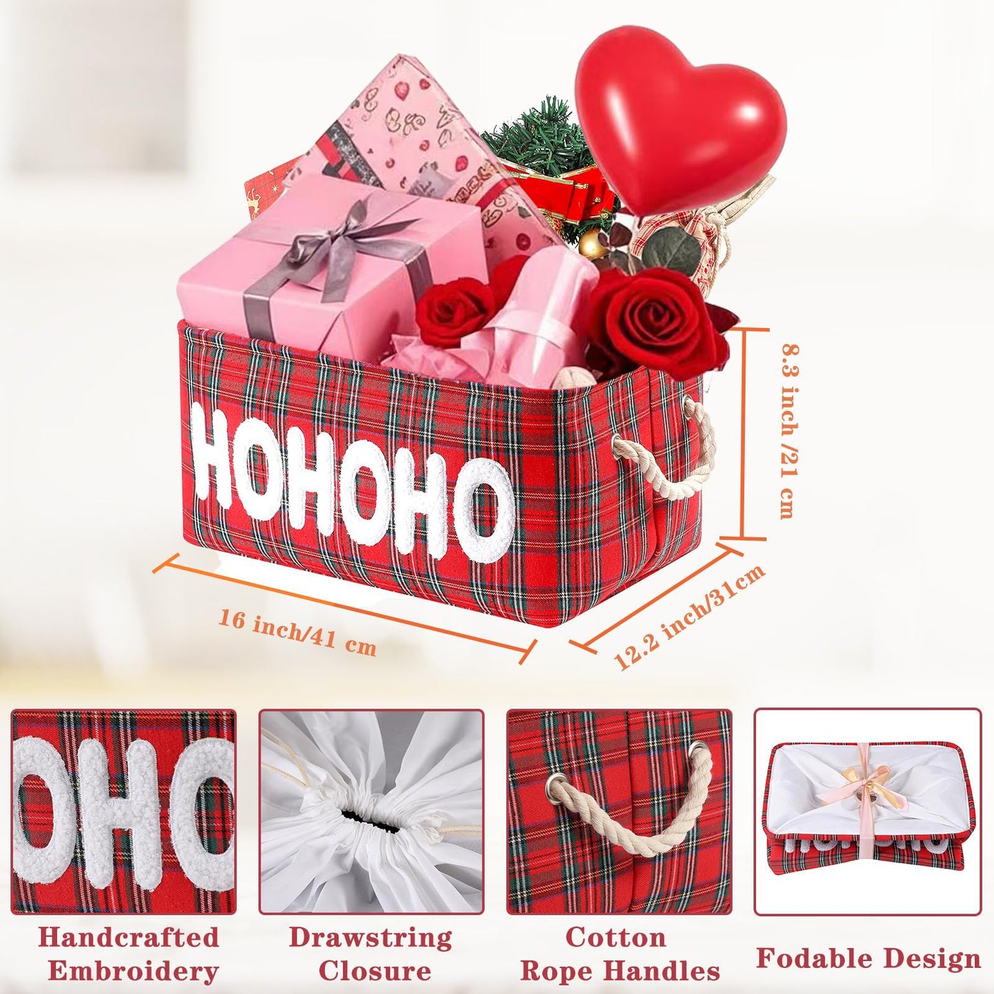 Christmas Gifts Baskets Empty Farmhouse Ornament Box Gift Storage Canvas Organizer Bin for Holiday Storage Organizing Xmas Gifts Baskets for Nursery/Living room, Kids Toy Chest, Large