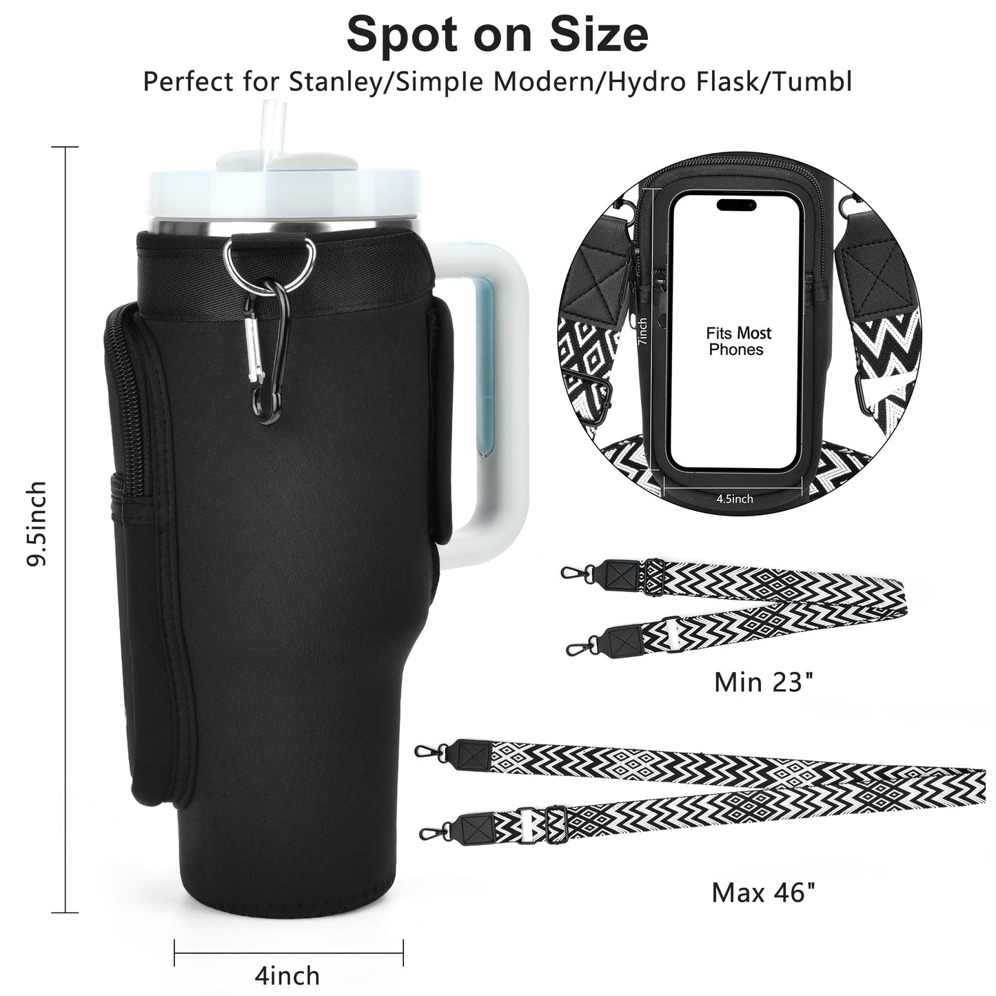 LOKASS Initial Water Bottle Holder with Upgrade Canvas Strap for Stanley 30 oz Tumbler, Gift for Mom Mother's Day Day gifts with Phone Pocket, Personalized Accessories for Stanley Cup, Black - S