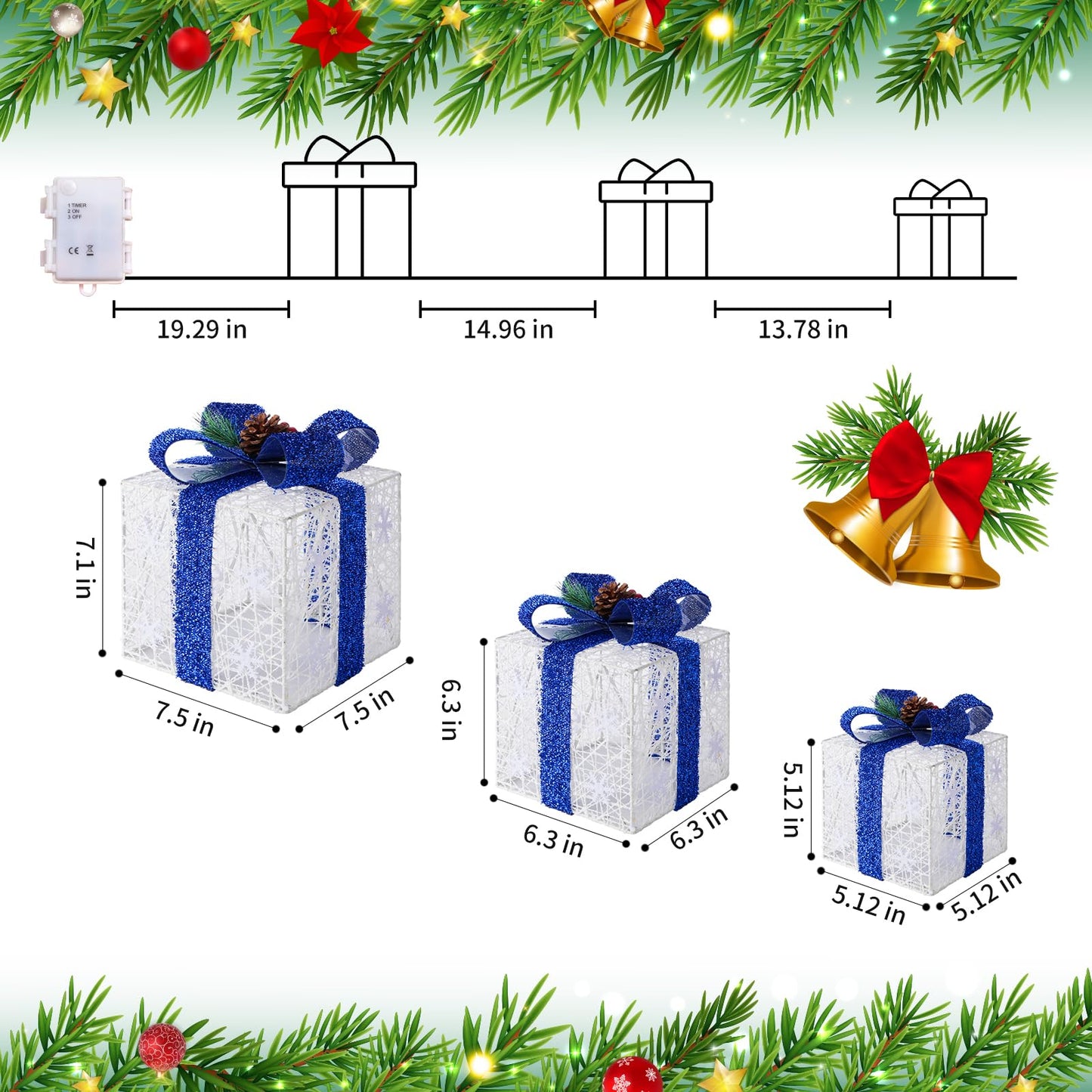 Christmas Decorations, Set of 3 Christmas Lighted Gift Boxes, Battery Operated Xmas Present Boxes, Warm White LED with Bows for Indoor Christmas Tree, Yard, Home Decor （Blue Bow）