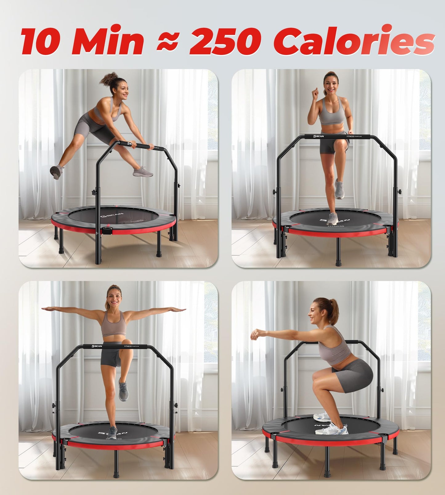 BCAN 40"/48" Foldable Mini Trampoline, Rebounder Trampoline for Adults, U/T Shape Adjustable Foam Handle, Exercise Rebounder for Kids Adults Indoor/Garden Workout, Max Load 330lbs/440lbs