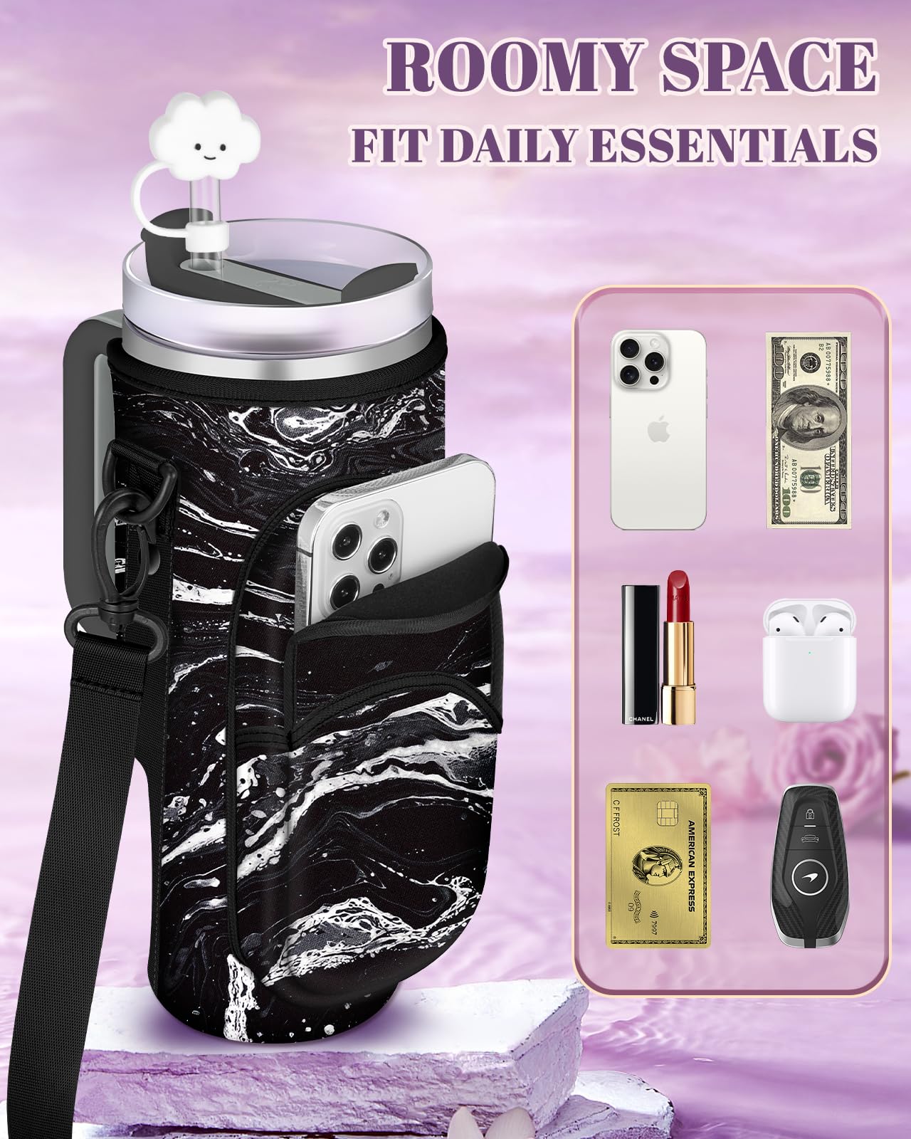 Toykee Water Bottle Holder Carrier Bag for Stanley 40 OZ Tumbler with Strap Phone Pocket, Black Wrap Around Drink Cup Purse Pouch with Straw Cover Cleaner Brush Accessories Marble Print