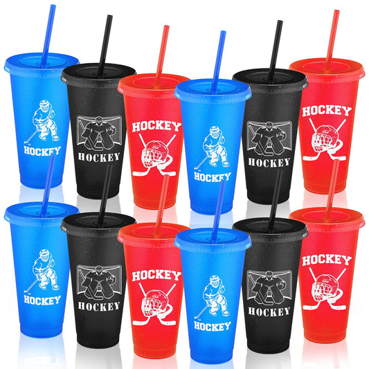 Willinglong 24 Pcs Hockey Plastic Tumblers with Lids and Straws for Hockey Reusable Cute Iced Coffee Travel Cups Mug Water Bottle for Birthday Party