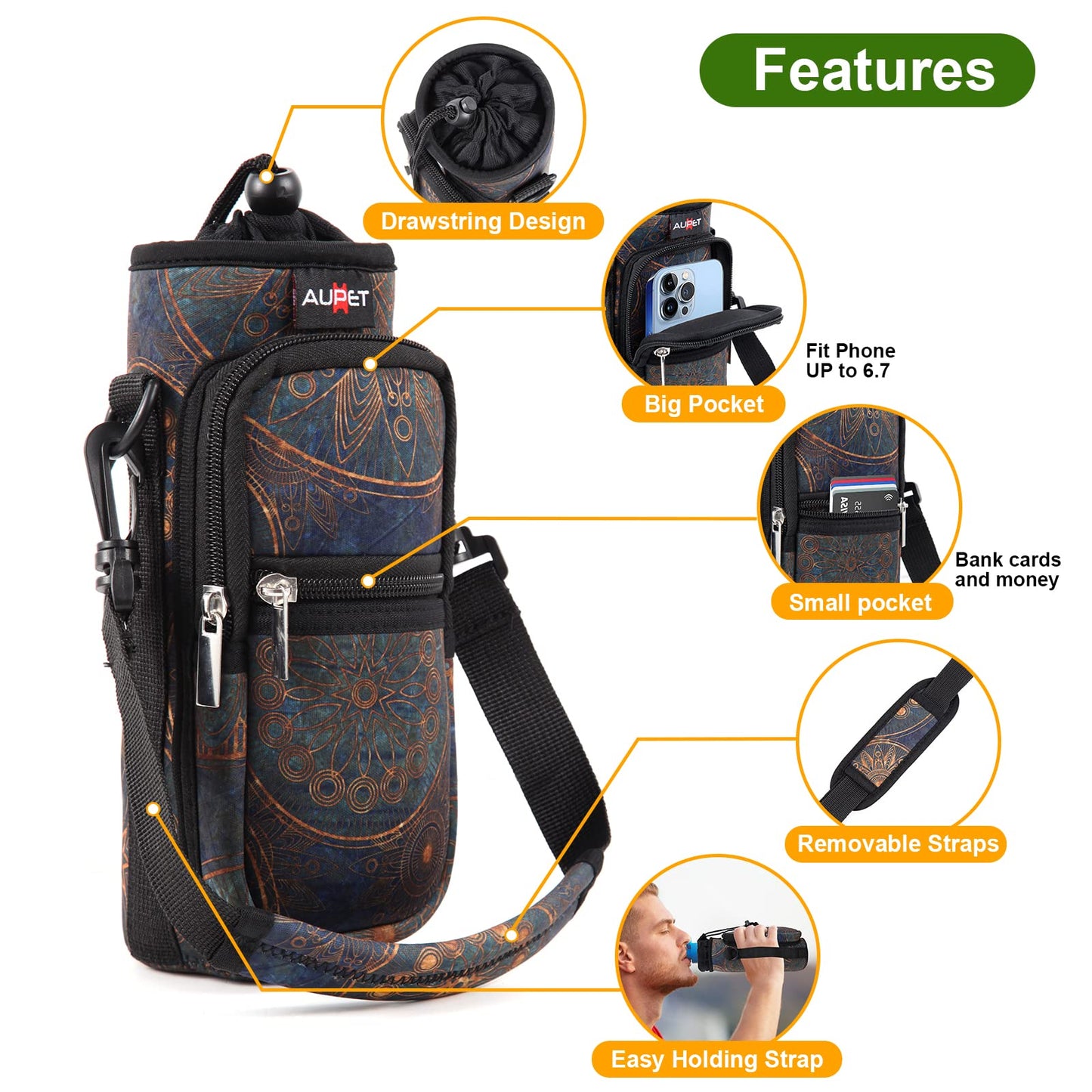 AUPET Water Bottle Sling Bag Sleeve Holder Carrier 25/32/40/64 oz,Insulated Crossbody Water Bottle Case Cover with Strap and Pockets for Men/Women Walking Hiking Camping (25oz, stylish)
