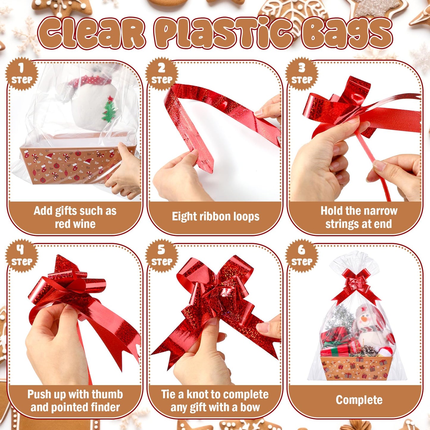 Yexiya 36 Pcs Christmas Baskets for Gifts Empty Diy Bulk Gift Basket Includes 12 Pcs Empty Baskets 12 Pcs Clear Gift Bags, Red Bows and Raffia Gift Basket Kit To Fill For Christmas Anniversary