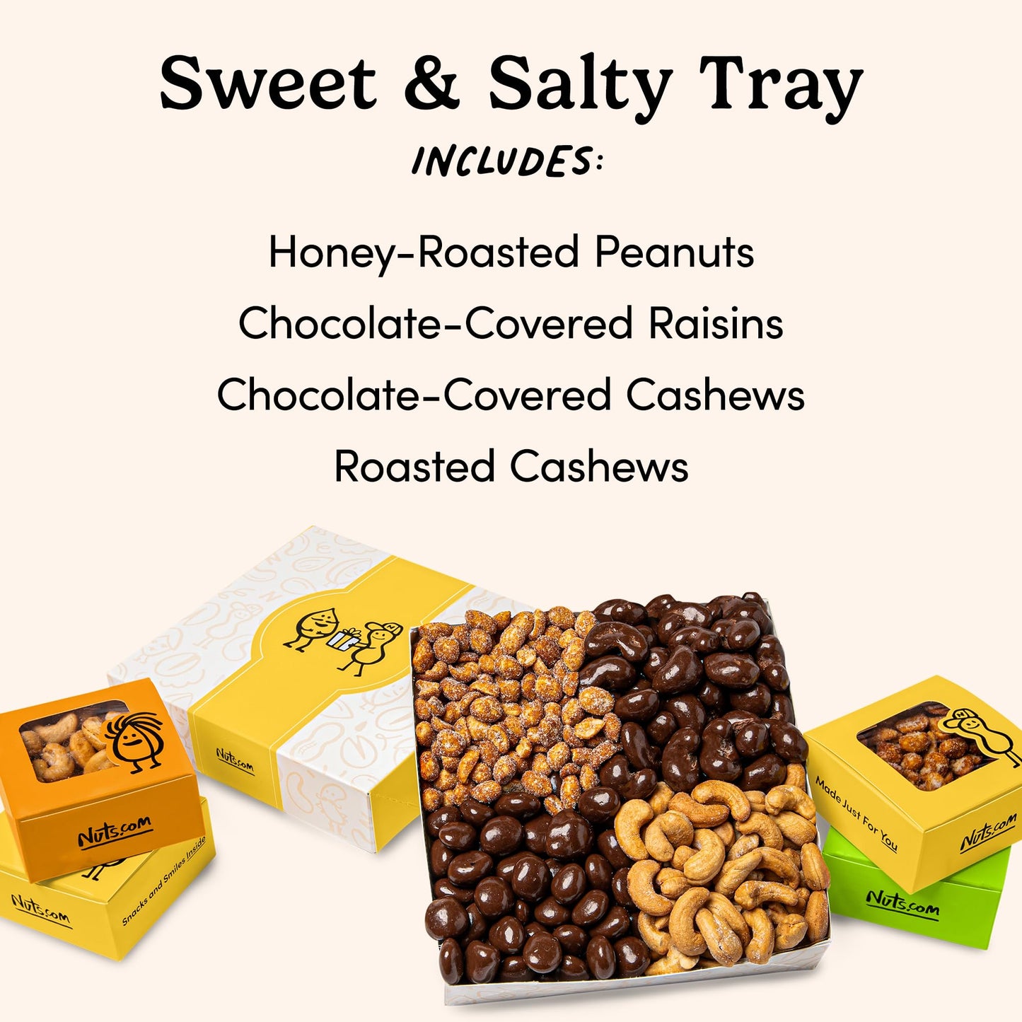 Nuts.com – Sweet and Salty Gift Tray for Summer and Festive Gifts — Healthy Snack Sampler Box, 1.25 Lbs of Roasted Cashews, Peanuts, Chocolate-Covered Raisins