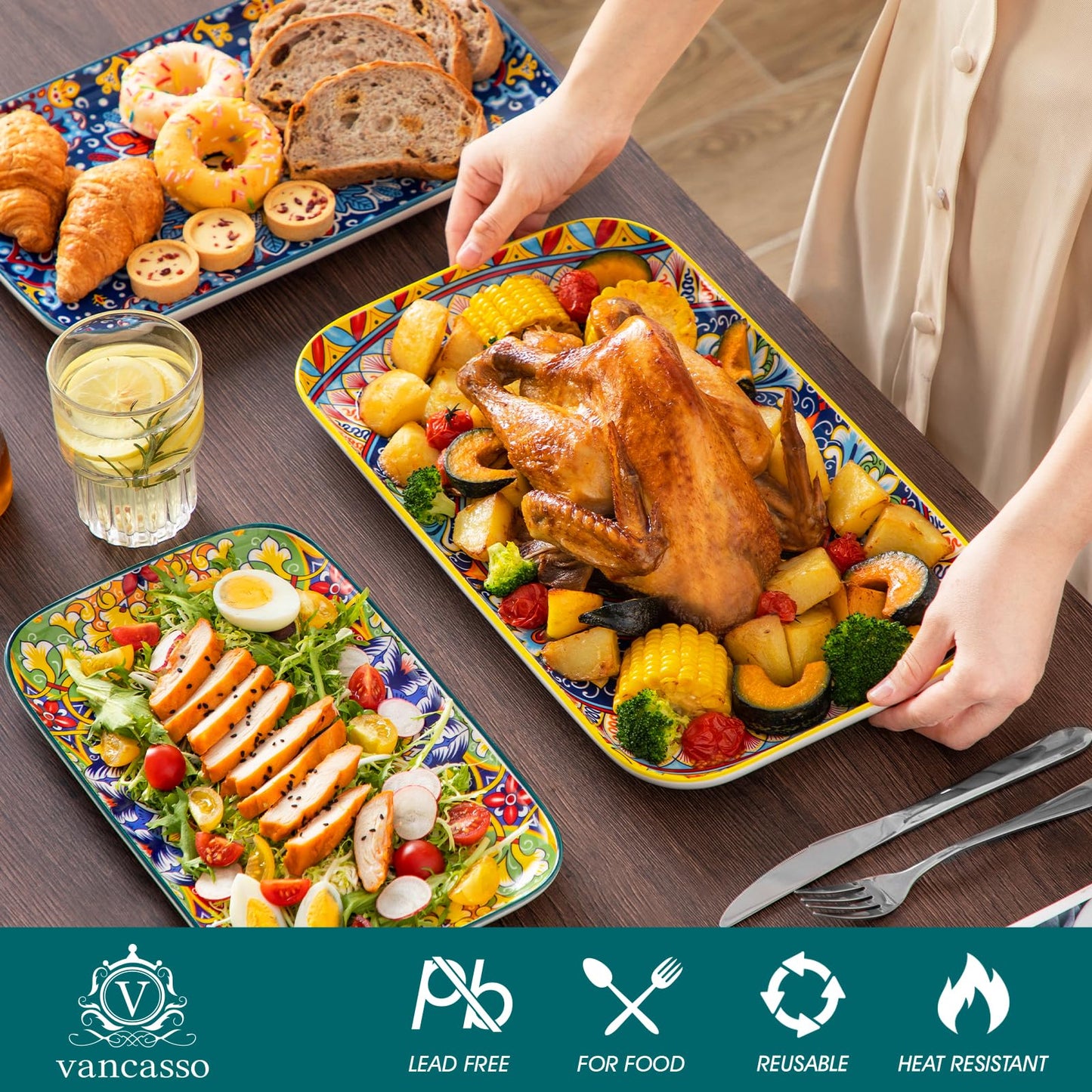 vancasso Serving Platters Set of 3, 16"/14"/12" Inch Rectangular Trays - Serving Platter Extra Large, Bohemian Ceramic Serving Dish for Entertaining Food, Microwave & Dishwasher Safe, Vintage