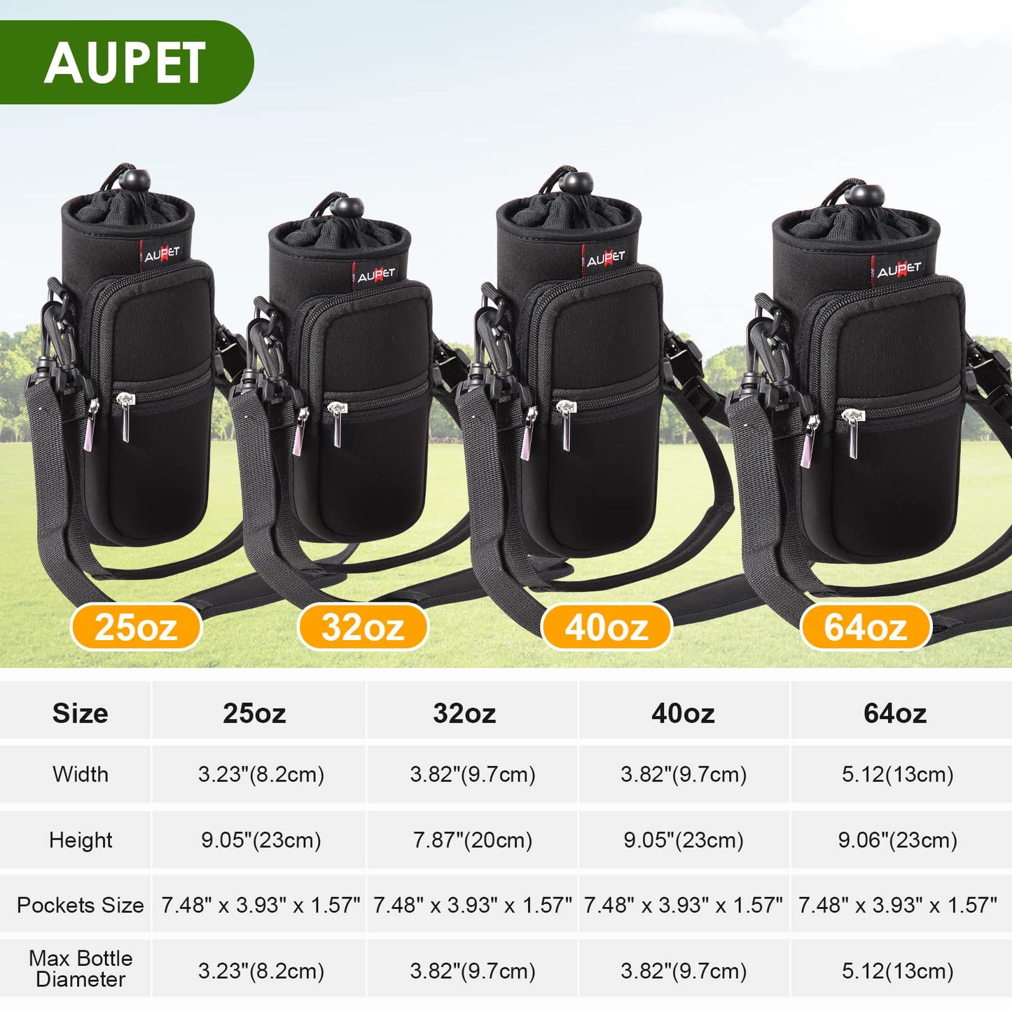 AUPET Water Bottle Sling Bag Sleeve Holder Carrier 25/32/40/64 oz,Insulated Crossbody Water Bottle Case Cover with Strap and Pockets for Men/Women Walking Hiking Camping (25oz, solid black)