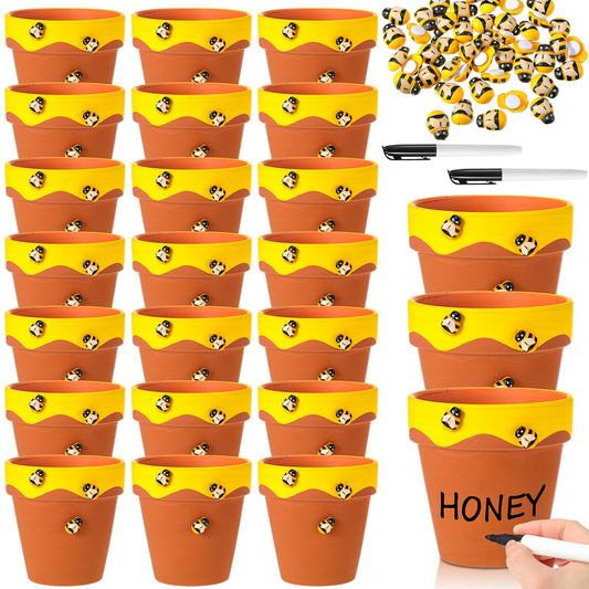 Leinuosen 24 Pcs Honey Bee Pot, 3 Inch Honey Jars for Cupcake, Planter, Bee Themed Party Favors for Baby Shower 1st Birthday Party Supplies and Wedding Gifts (Yellow and Brown)