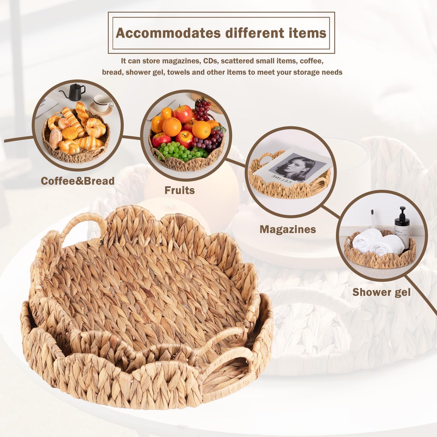 ATEDIR Round Serving Tray, 2-Pack Wicker Basket Tray with Handles, Rattan Woven Decorative Serving Tray, Natural Water Hyacinth Scalloped Tray for Home Decor and Desk Organizer Tray