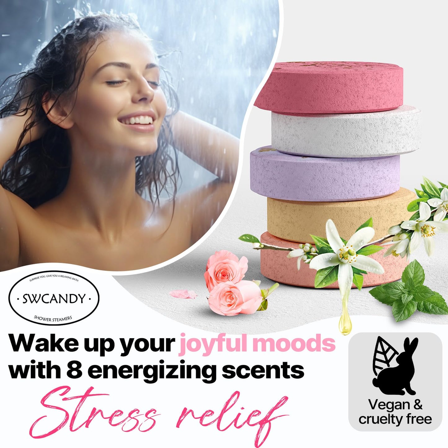 Shower Steamers Aromatherapy SWCANDY 8 Pack Gifts for Women Stocking Stuffers for Adults, Her, Mom, Men Natural Essential Oils Home Spa Self Care Stress Relief Relaxation Bath Bombs Christmas Flower