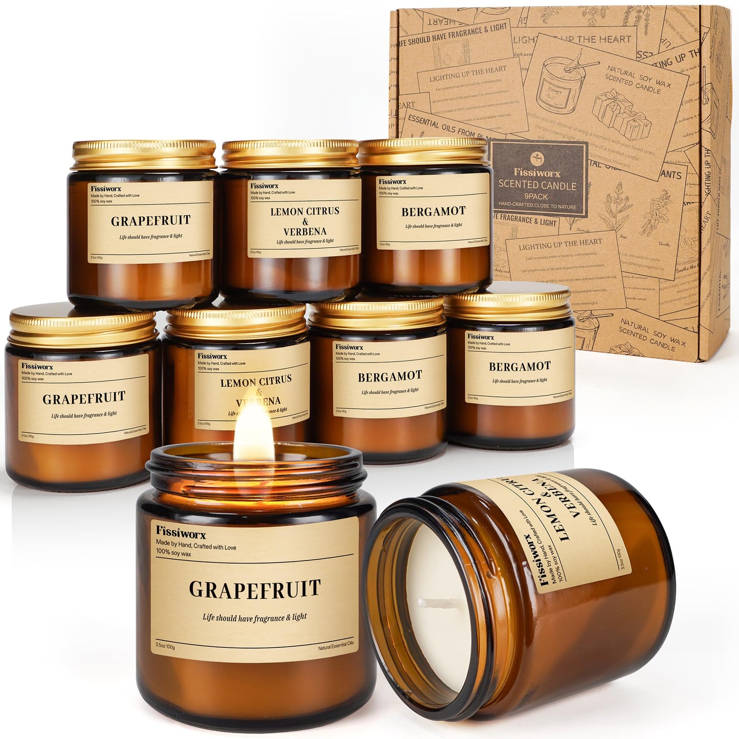 9 Pack Soy Candles for Home Scented | Grapefruit/Lemon Citrus/Bergamot Aromatherapy Candle Set in Amber Jar, Natural Scented Candles Gift for Women & Men, Birthday, Mother’s Day, Christmas
