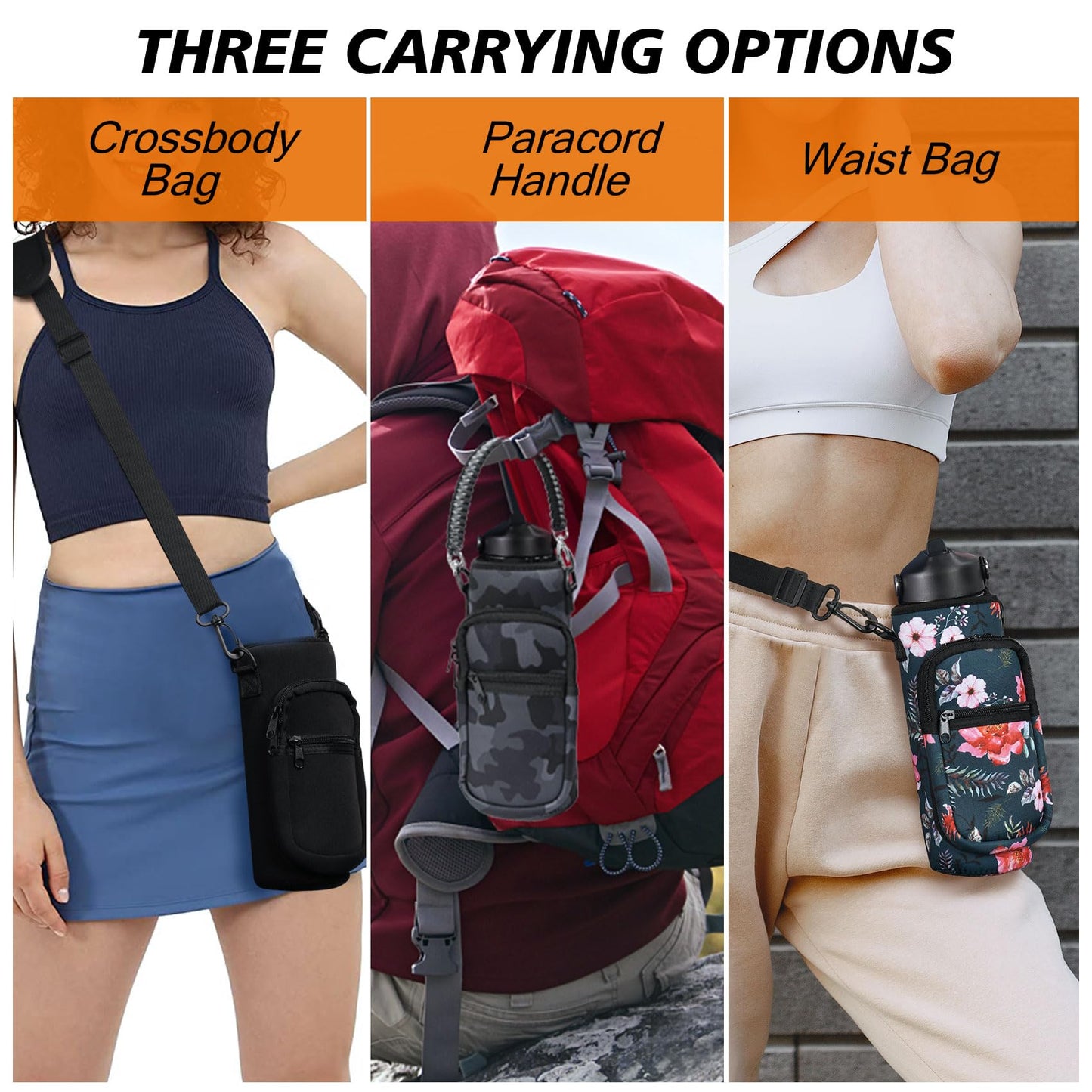 AceTreker 32 oz 40 oz Water Bottle Sleeve, Neoprene Insulated Water Bottle Sling Holder Bag with Adjustable Shoulder Strap & Paracord Handle for Men Women Walking Wild Rose