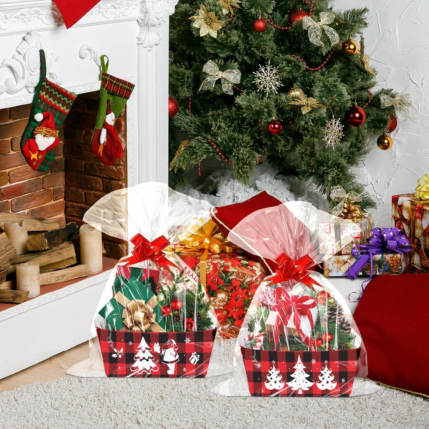 96PCS Christmas Basket for Gifts Holiday DIY Bulk Gift Basket Empty Buffalo Plaid Christmas Gift Baskets Empty to Fill Large Gift Baskets Empty Bulk For Beautiful Gifts Holiday Xmas Party Decorations
