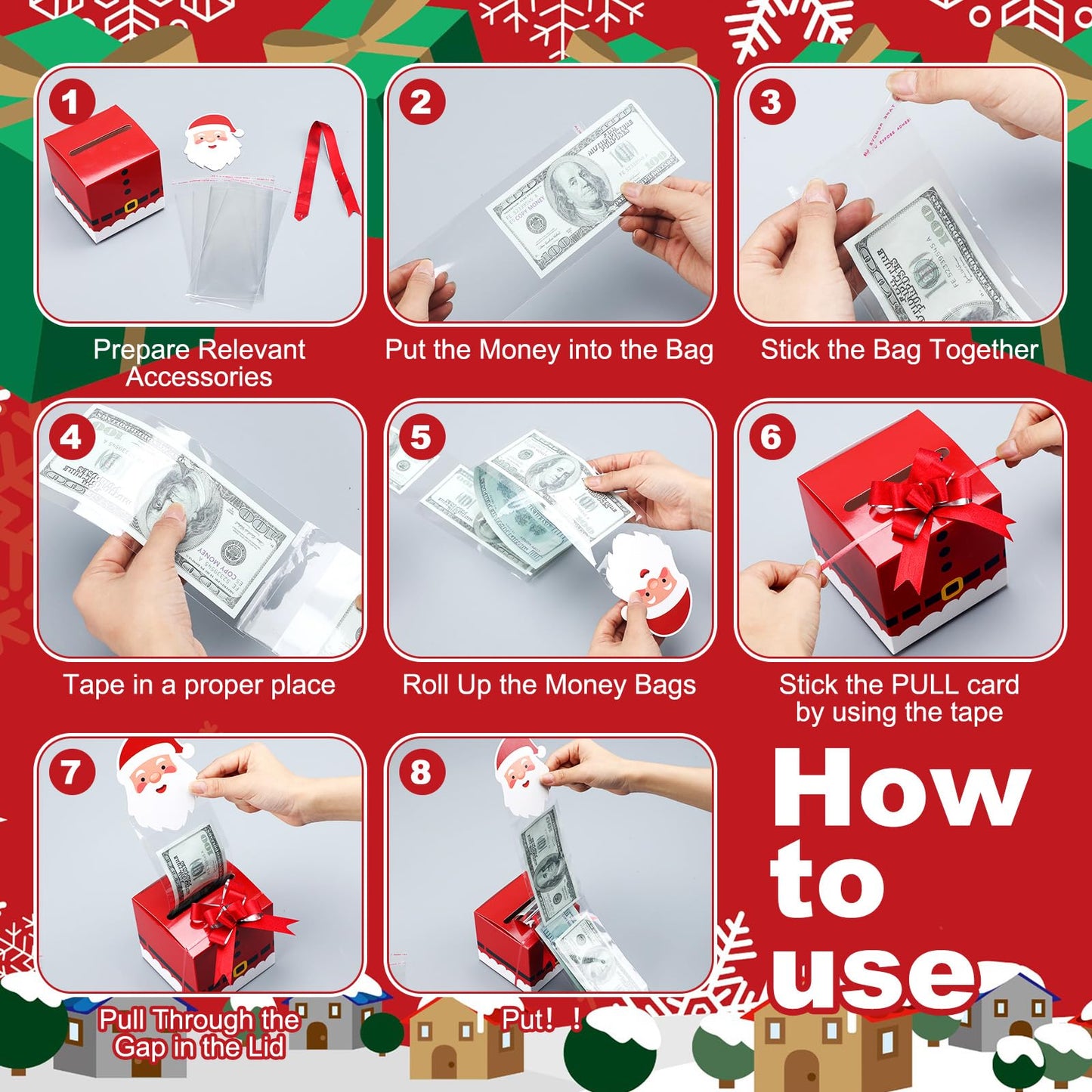 Cholemy 12pcs Christmas Money Gift Boxes for Cash Pop up Christmas Money Pull Box for Cash Gift Christmas Money Holders and Money Dispenser Snowman Elk Gingerbread with Bows for Christmas Holiday