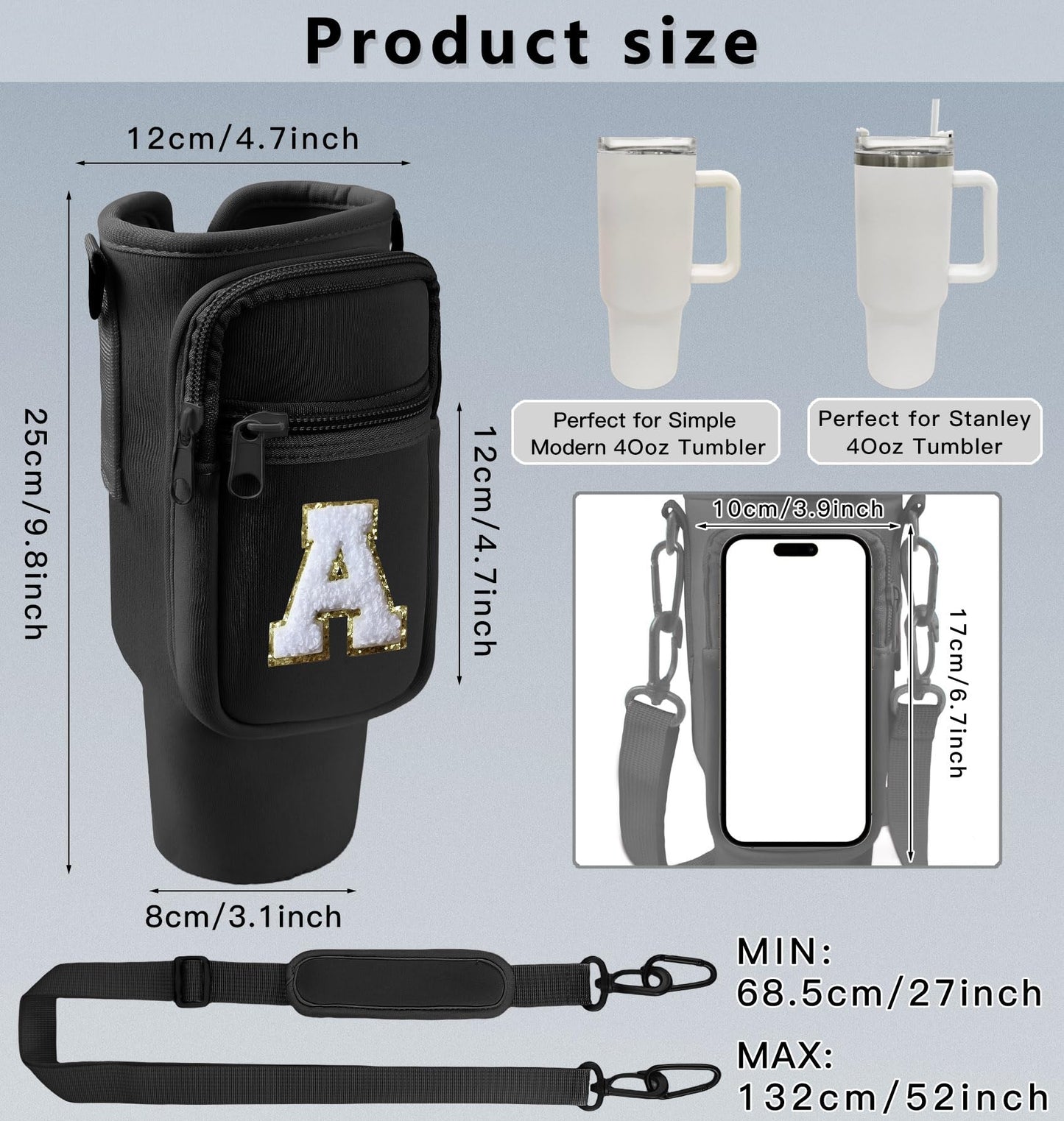 Aganmi Water Bottle Sling Bag with Phone Pocket for Stanley 40oz Tumbler Cup Accessories,Chenille Letter Water Bottle Holder Pouch with Adjustable Shoulder Strap for Outdoor Activities(Black S)