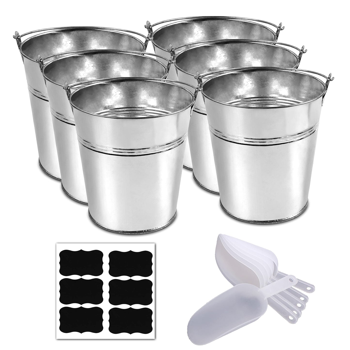 6 Metal Buckets With Chalkboard Stickers and Plastic Kitchen Scoops, Small Galvanized, for Birthday, Wedding Party, Garden Planters, Party Supplies, Decorations, 5 Inch Tin - (Tie 6)