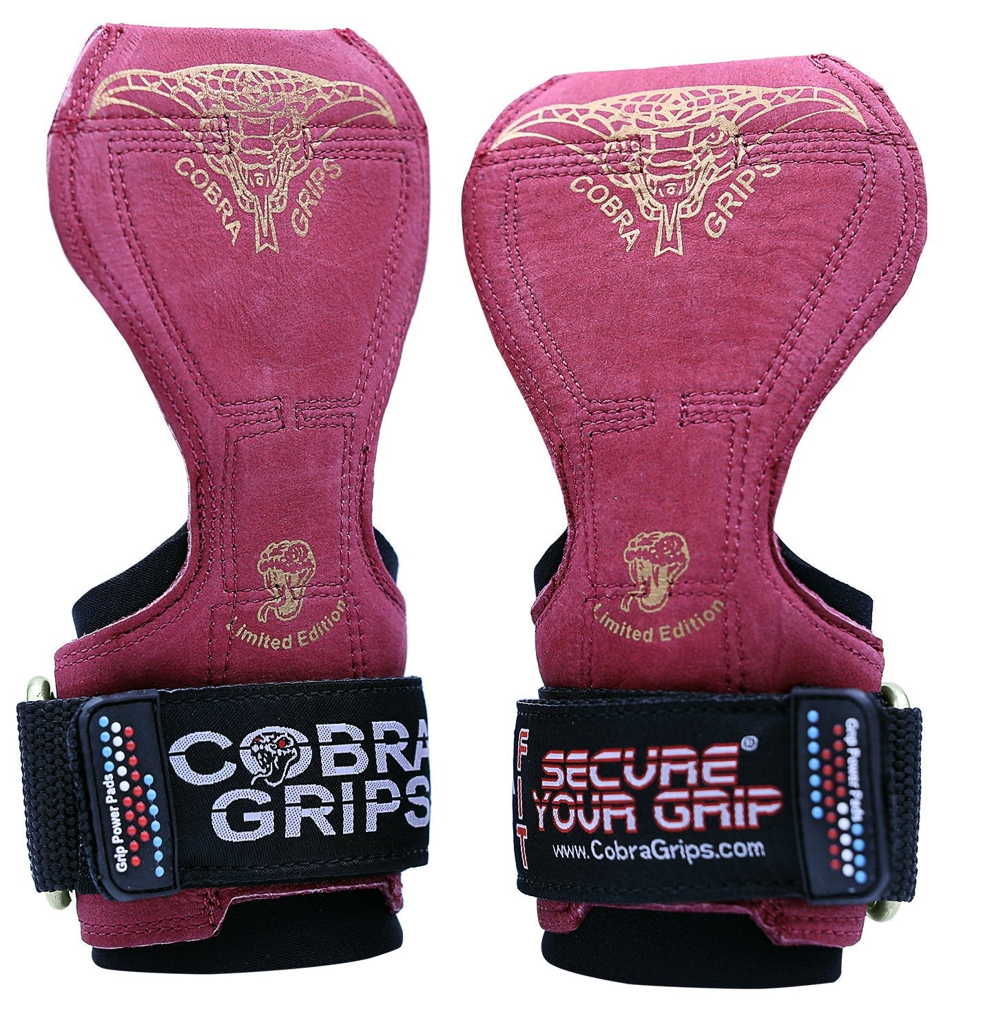 Cobra Grips PRO Weight Lifting Gloves Heavy Duty Straps Alternative to Power Lifting Hooks for Deadlifts with Built in Adjustable Neoprene Padded Wrist Wrap Support Bodybuilding (FIT Red Leather)