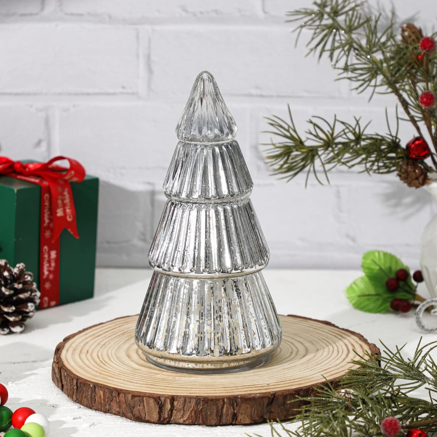 Tree Shaped Scented Candle Gift, Balsam Cedar Scented Candle, Holiday Winter White Silver Mercury Glass Tree Candle, 8oz