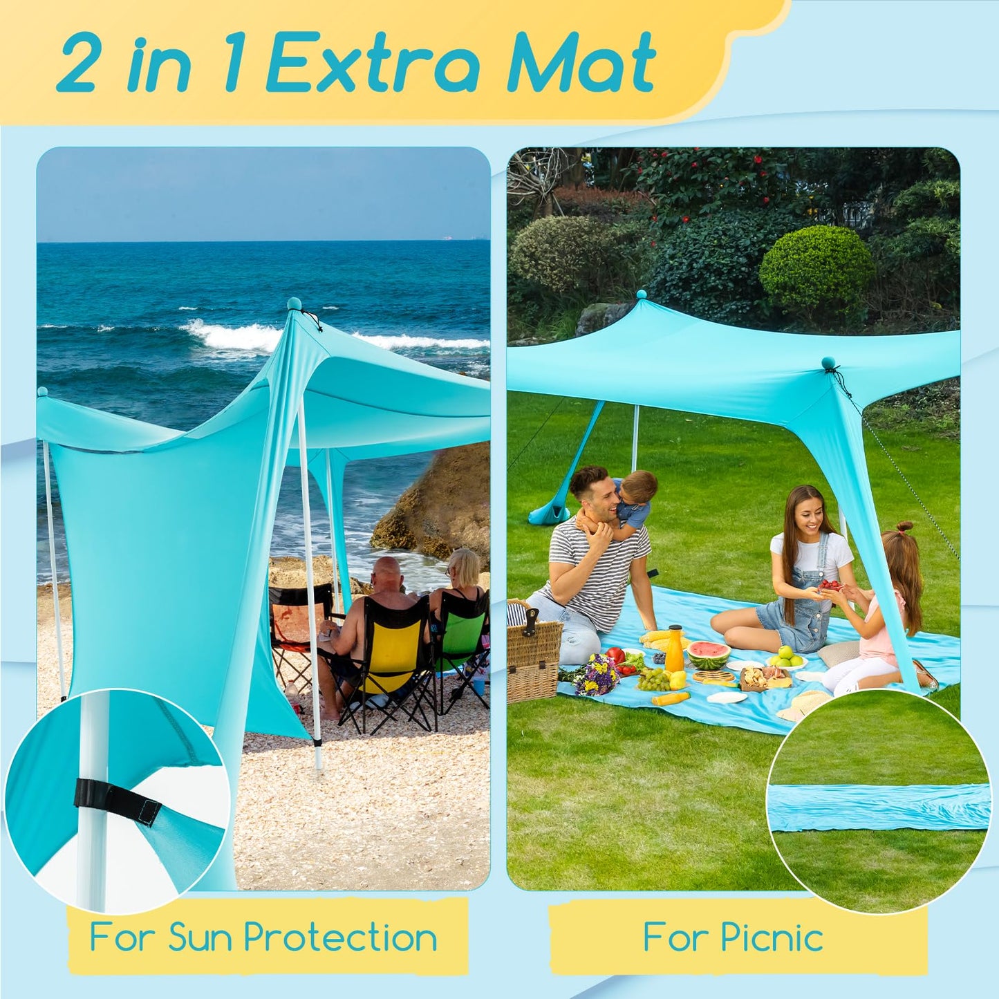 deli Beach Tent, Beach Canopy with UPF50+ Protection, Foldable Poles, 2 in 1 Beach Blanket, Carrying Bag,Sand Shovel,10x10FT Beach Tent Sun Shelter for Backyard Fun, Camping Or Picnics，Easy to Setup