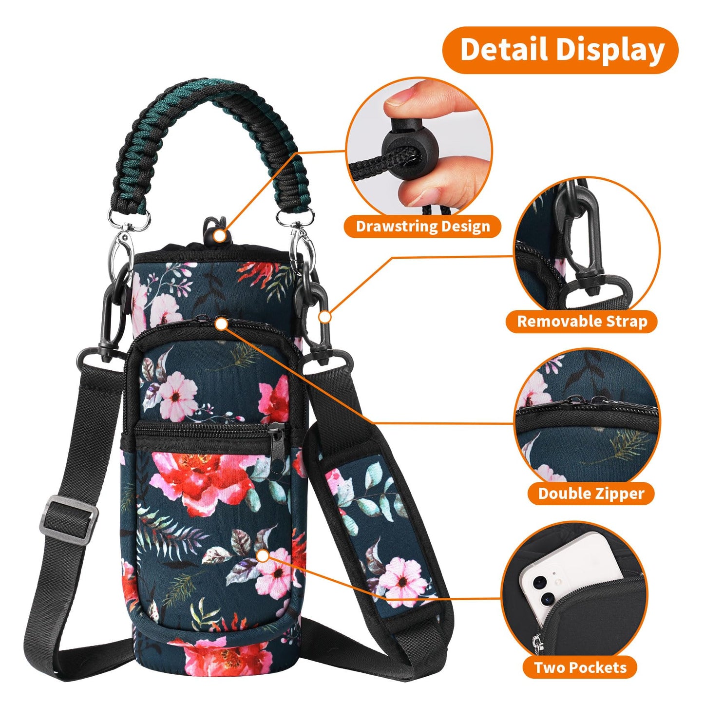 AceTreker 32 oz 40 oz Water Bottle Sleeve, Neoprene Insulated Water Bottle Sling Holder Bag with Adjustable Shoulder Strap & Paracord Handle for Men Women Walking Wild Rose