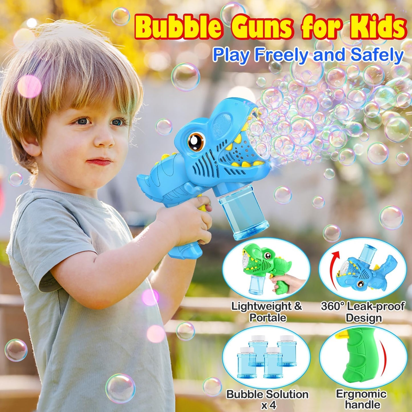 Kids Bubble Gun 2 Pack Dino Bubble Machine Gun for Toddlers with 4 Solutions Automatic 13-Hole Bubbles for Kids Blower Maker Easter Basket Essentials Stocking Stuffers Gift Party Favors for Boys Girls