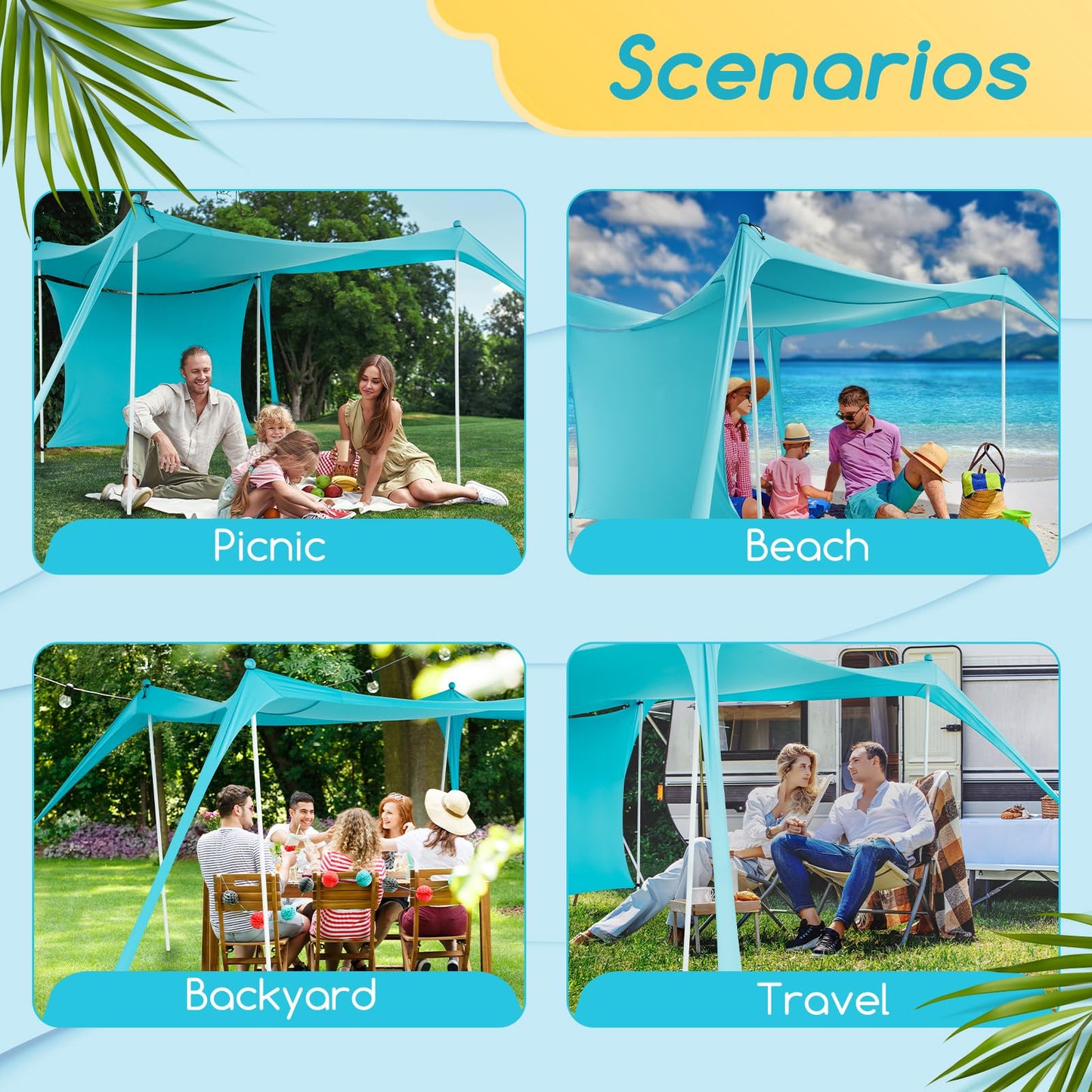 deli Beach Tent, Beach Canopy with UPF50+ Protection, Foldable Poles, 2 in 1 Beach Blanket, Carrying Bag,Sand Shovel,10x10FT Beach Tent Sun Shelter for Backyard Fun, Camping Or Picnics，Easy to Setup