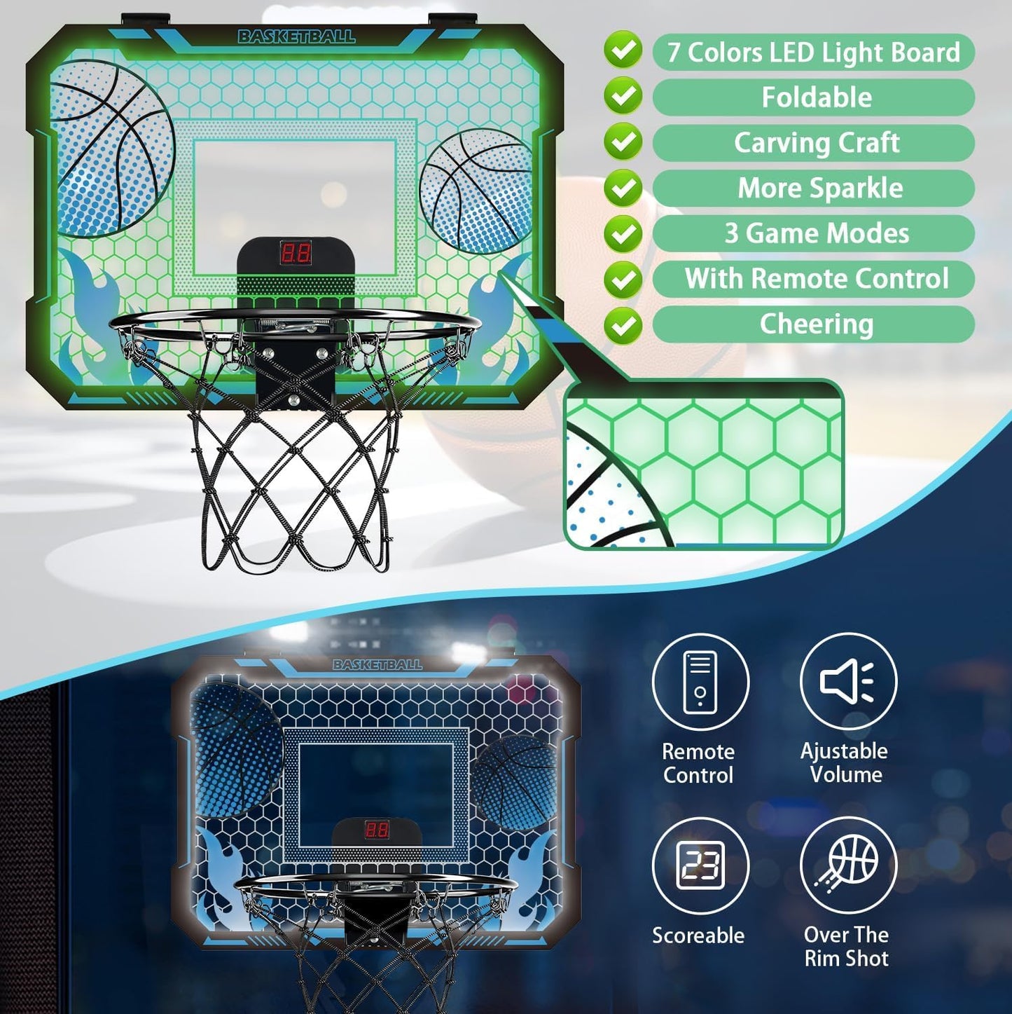 VROGTIK Indoor Basketball Hoop for Kids with Led Lights Mini Basketball Hoop with Remote Control Over The Door Basketball Hoops with Scoreboard Basketball Toys for 4-12 Year Old Boys Girls