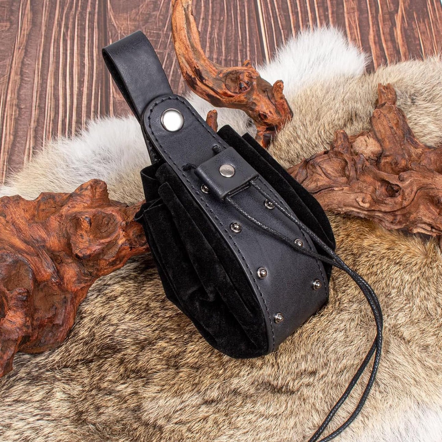 Renaissance Belt Pouch Purse Viking Bracer Hook Halloween Set Medieval Festival Costume Accessory Casual Fanny Pack Waist Bag (Dual-Black)