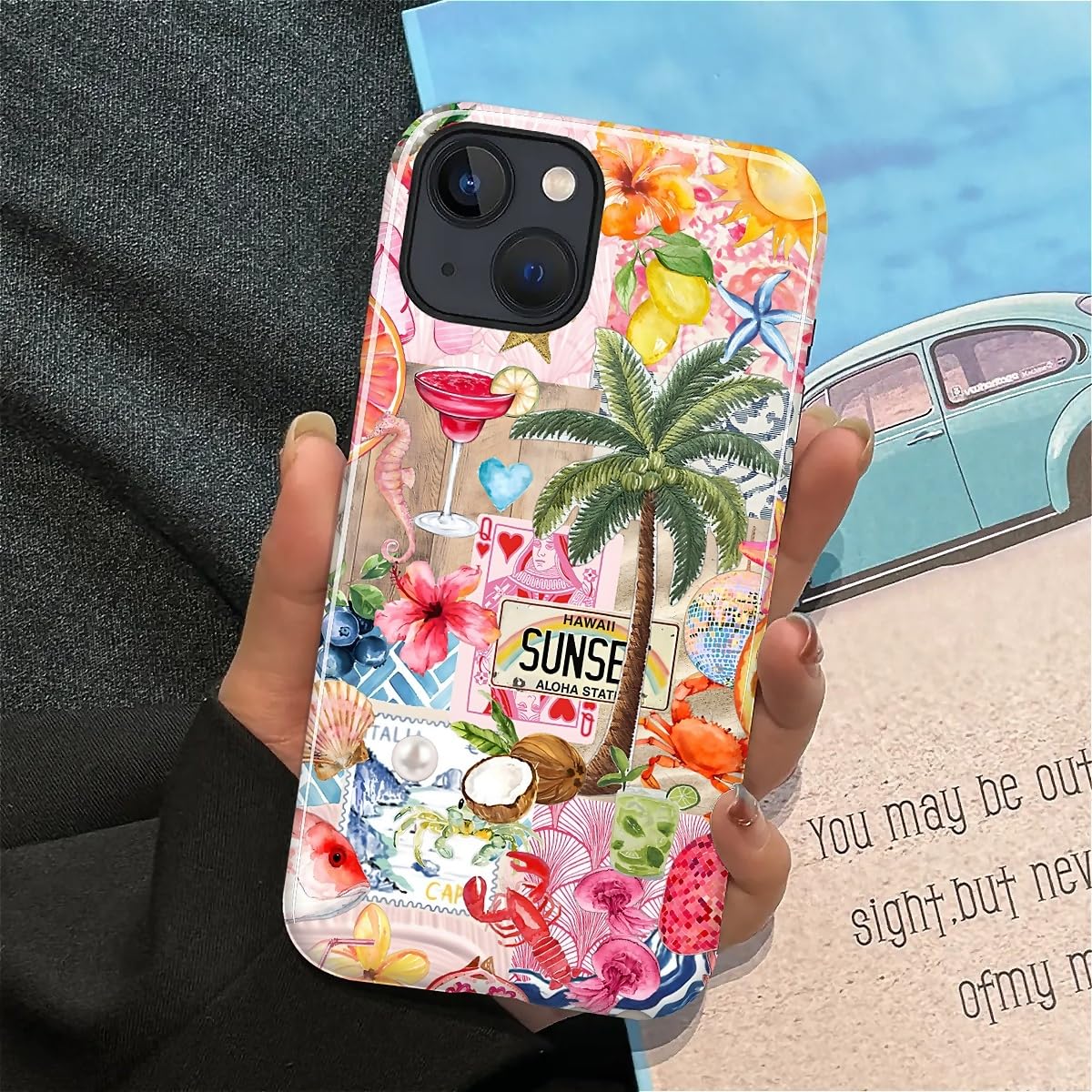 DAIZAG Case for iPhone 15,Mixed 2 Layer Design Shockproof Soft TPU Ddouble Protection Phone Case for iPhone 15-Aesthetic Summer Beach