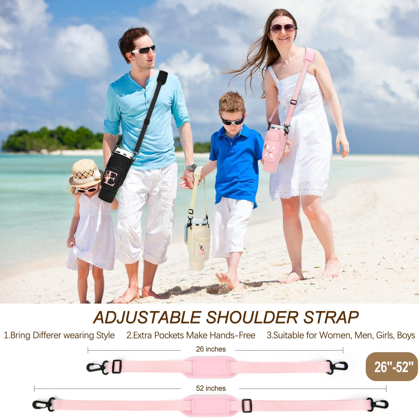 Initial Water Bottle Holder with Strap for Stanley 40 oz Tumbler/Simple Modern 40 oz Tumbler,Water Bottle Carrier Bag with Strap,Personalized A-Z Phone Pocket for Stanley Cup Accessories