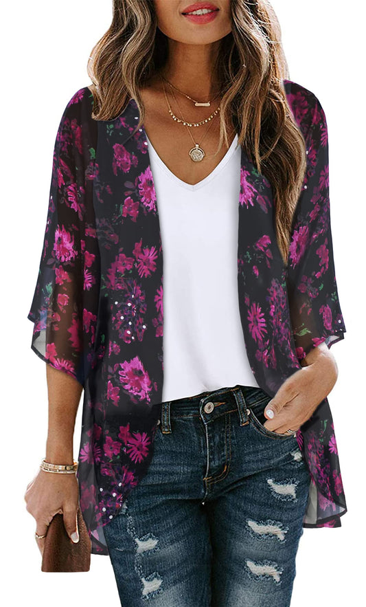 Women's Fall Tops Dressy Casual Kimono Cardigan Summer Loose Cover Up Blouse Hawaiian Shirts (RoseFloral, S)