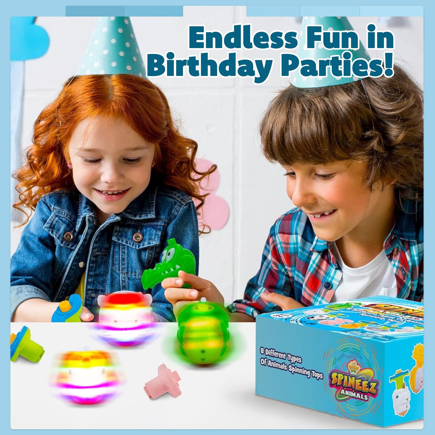 IPIDIPI TOYS Spineez Animal Light Up Spinning Tops – 8 Cute LED Spinners for Kids – Ideal Birthday Party Favors, Goodie Bag Stuffers, School Prizes, Classroom Rewards for Boys & Girls