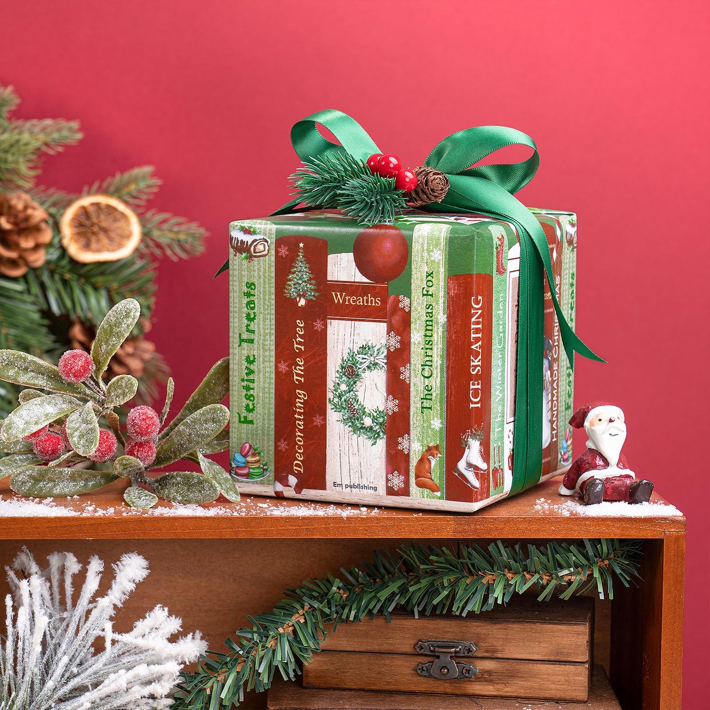 RUSPEPA 30" X 32.8' Reversible Christmas Wrapping Paper Large Paper Roll, Jumbo Roll, Vintage Christmas Bookshelf Design, Green White Snowflake Gift Wrap for Friends, Family, Xmas Holiday Gifts